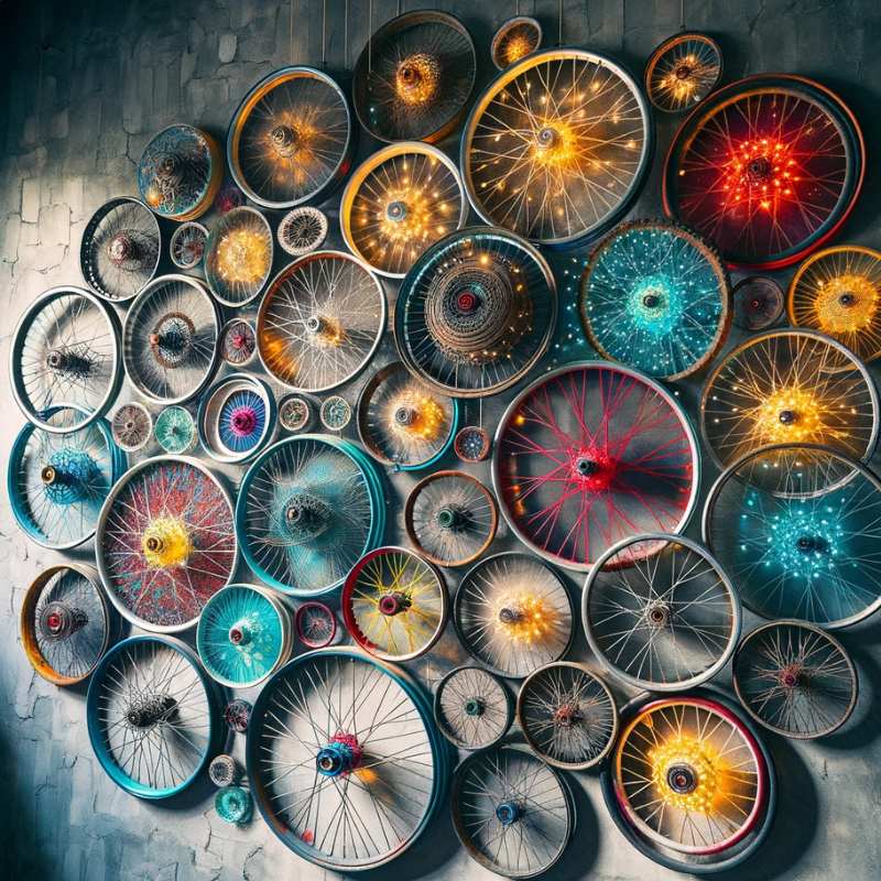 Upcycled old bicycle rims to create unique wall art. 
